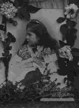 Imagen de una dama en un cuadro con adornos florales.
